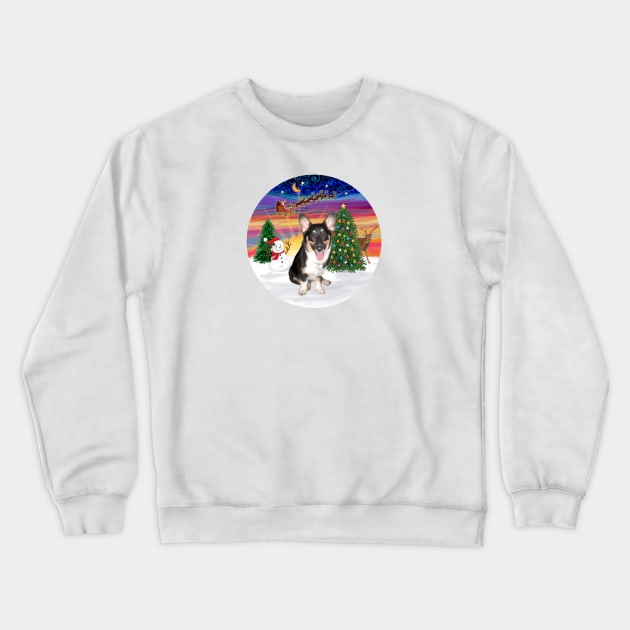 Santa's Sunset Take Off with a Tri Colored Welsh Corgi Puppy Crewneck Sweatshirt by Dogs Galore and More